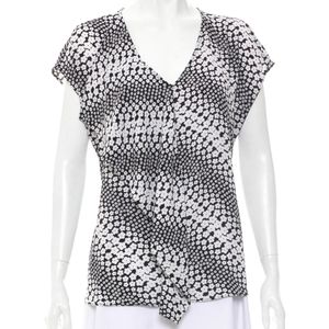 Michael Kors Ruffle Front V-neck Floral Short Sleeve Blouse Medium Black White
